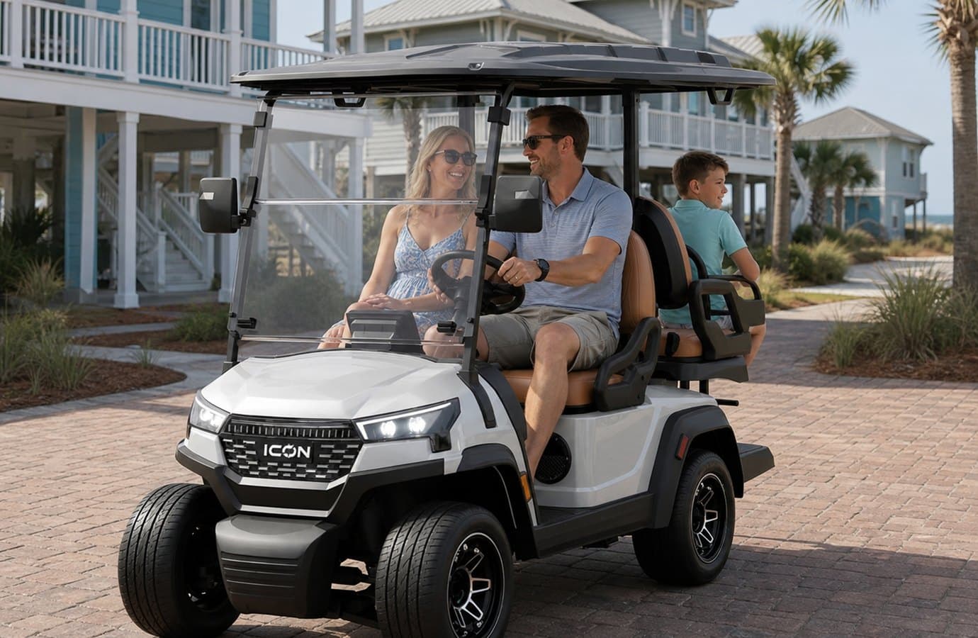 A white Electric Cart Company street-legal golf cart ready for delivery